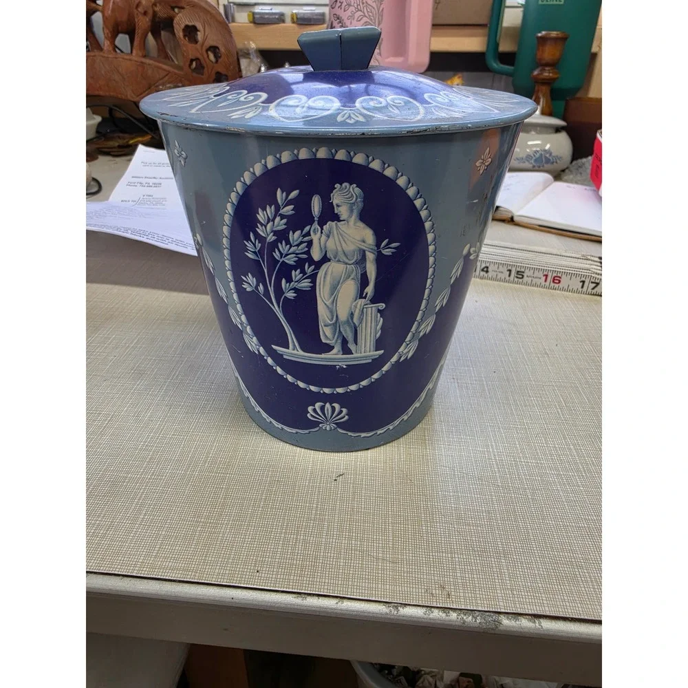 Vintage Blue Wedgwood Style Metal Tin Canister Made in England Classical Figure